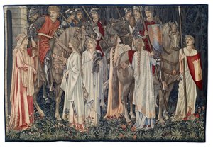 Die Bewaffnung und Abreise der Ritter, Wandteppich entworfen vom Künstler und gewebt von Morris & Co., 1895-96