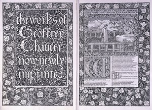 Titelseite und erste Seite aus der Kelmscott Press Ausgabe von "The Works of Geoffrey Chaucer", 1896 von Edward Burne Jones