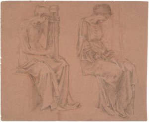 Zwei Studien eines sitzenden Mädchens, das eine Zither spielt von Edward Coley Burne Jones