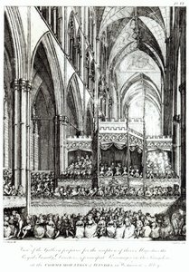 Ansicht der Galerie, vorbereitet für den Empfang Ihrer Majestäten der königlichen Familie, Direktoren und Hauptpersonen des Königreichs bei der Gedenkfeier für Händel in der Westminster Abbey, graviert von Joh