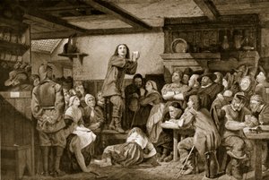 George Fox predigt in einer Taverne, ca. 1650