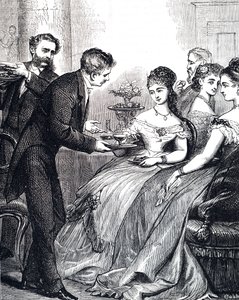 Gravur, die einen Gentleman zeigt, der einer Dame ein Gelee-Gericht bei einem Abendessen reicht von Edward Hughes