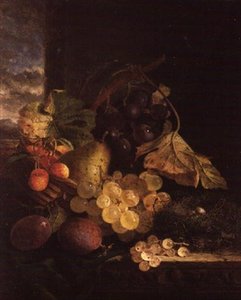 Ein Stillleben mit einem Korb voller Früchte und einem Vogelnest auf einem Holzvorsprung von Edward Ladell