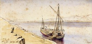 Ein traditionelles ägyptisches Boot, das an einem Ufer des Nils bei Esneh (Ägypten) anlegt von Edward Lear