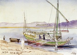 Ägyptisches Boot am Ufer des Nils, zwischen Daboad und Philae. Farbige Aquarellzeichnung von Edward Lear