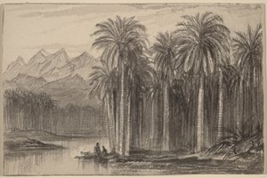 Figuren, die in Kanus aus einem Palmengarten aufbrechen (Wady Feiran) von Edward Lear