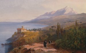 Berg Athos und das Kloster Stavronikétes von Edward Lear