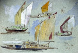 Studien von venezianischen Booten, bei voller Fahrt. Farbige Aquarellzeichnung, von Edward Lear (1812-1888). von Edward Lear