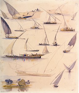Studien verschiedener ägyptischer Boote. Farbige Aquarellzeichnung von Edward Lear
