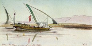 Studie eines Gyassi (ägyptisches Boot), auf dem Nil bei Ballas (Ägypten). Farbige Aquarellzeichnung von Edward Lear
