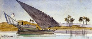Die Ufer des Nils (Ägypten) mit einer vorbeifahrenden großen Gyassi von Edward Lear