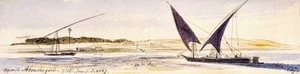 Die Ausdehnung des Nils und seiner Ufer mit zwei traditionellen ägyptischen Booten, darunter eine Dahabeeya. Farbige Aquarellzeichnung von Edward Lear