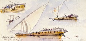 Drei Studien eines ägyptischen Bootes, das Passagiere befördert, in der Nähe von Gau el Kebir (Ägypten), mit Anmerkungen zu den Kleidern der dargestellten Figuren von Edward Lear