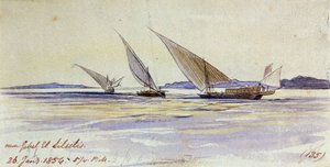 Drei traditionelle ägyptische Transportschiffe, segelnd auf dem Nil, in der Nähe von Gebel el-Silsila oder Gebel Silsileh (Ägypten) von Edward Lear