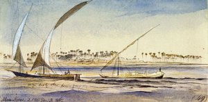 Zwei ägyptische Boote (ein Nuggar und ein Djem) segeln auf dem Nil, nahe Abu Ajees (Ägypten). Farbige Aquarellzeichnung von Edward Lear