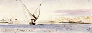 Blick auf den Nil in der Nähe von Golosona (Ägypten), mit einem traditionellen ägyptischen Segelboot von Edward Lear