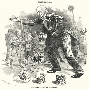 Karikatur von Punch: Verteilung. Liberale Tipps beim Verlassen (Stich) von Edward Linley (after) Sambourne