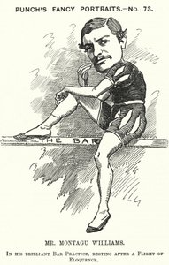 Karikatur: Montagu Williams, englischer Lehrer, Soldat, Schauspieler, Dramatiker, Anwalt und Richter (Gravur)