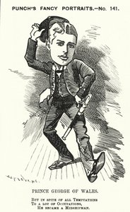 Karikatur von Punch: Prinz Georg von Wales, der zukünftige König Georg V., als Seekadett in der Royal Navy (Stich) von Edward Linley (after) Sambourne