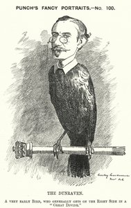 Karikatur von Punch: Windham Wyndham-Quin, 4. Earl of Dunraven and Mount-Earl, anglo-irischer Journalist, Grundbesitzer und konservativer Politiker (Stich) von Edward Linley (after) Sambourne