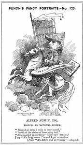 Alfred Austin (1835-1913) britischer Dichterpreisträger ab 1896. Karikatur von Edward Linley Sambourne (1844-1910) in der Serie Fancy Portraits in Punch, London, 3. März 1883, als Austin Herausgeber der National Review wurde. Gravur. von Edward Linley Sambourne