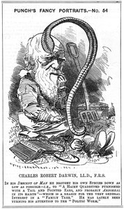 Charles Darwin (1809-1882), englischer Naturforscher. Evolution durch natürliche Selektion. Karikatur von Edward Linley Sambourne (1844-1910) in der Serie Fancy Portraits in Punch, London 1881, dem Jahr, in dem Darwin Die Entstehung von Pflanzenmould durch
