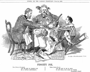 Koalitionsregierung. Herzog von Devonshire und Arthur Balfour (Mitte) versuchen, Joseph Chamberlain, den Führer der Juniorpartei in der Koalition, zu kontrollieren. Im September 1903 trat er zurück, um seine Zollreformen frei zu vertreten. Karikatur von Ed von Edward Linley Sambourne
