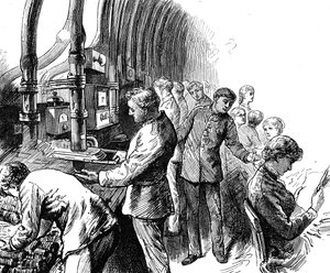 Gravur, die den pneumatischen Versand zeigt, den das General Post Office zur Beförderung von Paketen unter London verwendete