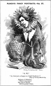Oscar Wilde (1854-1900) irischer Dramatiker, Romanautor, Dichter und Witzbold. Karikatur von Edward Linley Sambourne aus seiner Serie 