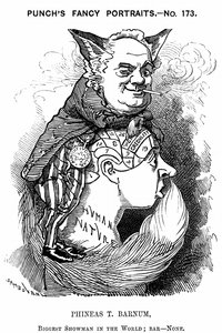 Phineas Taylor Barnum (1810-1891) amerikanischer Schausteller: Mitbegründer des Barnum und Bailey Zirkus. Edward Linley Sambourne Karikatur aus Punch London 1884 in der Fancy Portraits Serie zeigt Barnum als listigen Fuchs, der die phrenologische Beule der