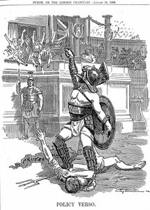 Mit der Rückkehr der liberalen Regierung in Großbritannien im Dezember 1905 war Freihandel die Politik, im Gegensatz zur konservativen Politik des Schutzes durch Zölle. Karikatur von Edward Linley Sambourne aus Punch London, 24. Januar 1906