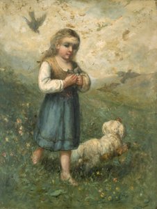 Kind mit Vögeln und Hund