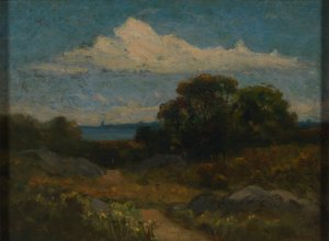 Landschaft (Bäume und Felsen am See) von Edward Mitchell Bannister