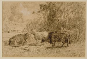 Landschaft mit vier Kühen, ca. 1880er (Kohle auf Papier) von Edward Mitchell Bannister