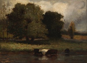 Ohne Titel (Vier Kühe waten im Teich)