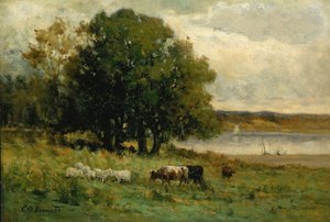 Ohne Titel (Rinder am Fluss mit Segelboot in der Ferne) von Edward Mitchell Bannister