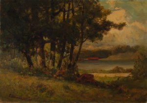 Ohne Titel (Landschaft mit Kühen, die am Fluss grasen) von Edward Mitchell Bannister