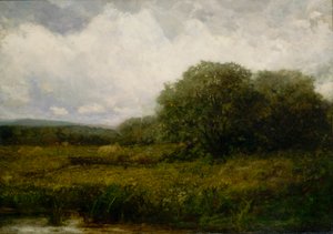 Ohne Titel (Landschaft mit Ochsen und Heuwagen auf Brücke) von Edward Mitchell Bannister