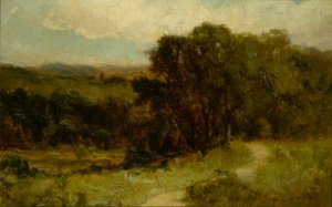Ohne Titel (Landschaft mit Straße in der Nähe eines Baches und Bäumen) von Edward Mitchell Bannister