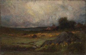 Ohne Titel (Landschaft mit Felsen im Vordergrund und Dach mit Turm, See im Hintergrund)