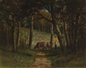Ohne Titel, Kühe auf einem Pfad im Wald, 1883 von Edward Mitchell Bannister