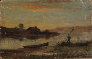 Unbetitelte Landschaft, Boot am Ufer mit gehendem Mann