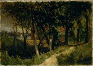 Unbetitelte Landschaft, Waldszene mit rotem Zaun und Gebäude, 1893 von Edward Mitchell Bannister
