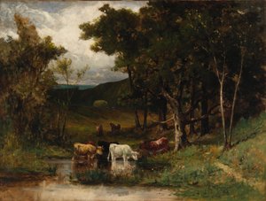 Unbetitelte Landschaft mit Kühen im Bach nahe Bäumen von Edward Mitchell Bannister