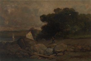 Unbetitelte Landschaft mit Felsen, Mann und Segelbooten von Edward Mitchell Bannister