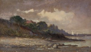 Ohne Titel Küstenlinie mit Segelbooten und Dach von Edward Mitchell Bannister