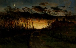 Unbetitelter Sonnenuntergang mit Viertelmond und Bauernhaus