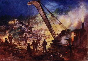 Kran entfernt Wrackteile von der Unfallstelle eines Eisenbahnunfalls