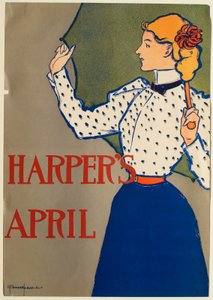 Mädchen in blauem Kleid mit Regenschirm, April-Ausgabe von Harper