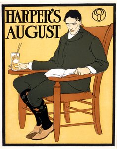Mann auf einem orangefarbenen Stuhl sitzend, Augustausgabe von Harper